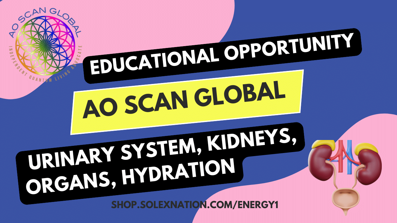 AO Scan Vital Scan kidney panel on screen with notebook and water—educational guide to creatinine, cystatin C, BUN, proteinuria, uric acid, urobilinogen