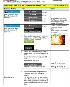 AO Scan Daily Scan and Optimization Checklist showing clearing, shielding, EMF shield, grounding, EZ Scan, Inner Voice, imprinting, and Body Systems steps.