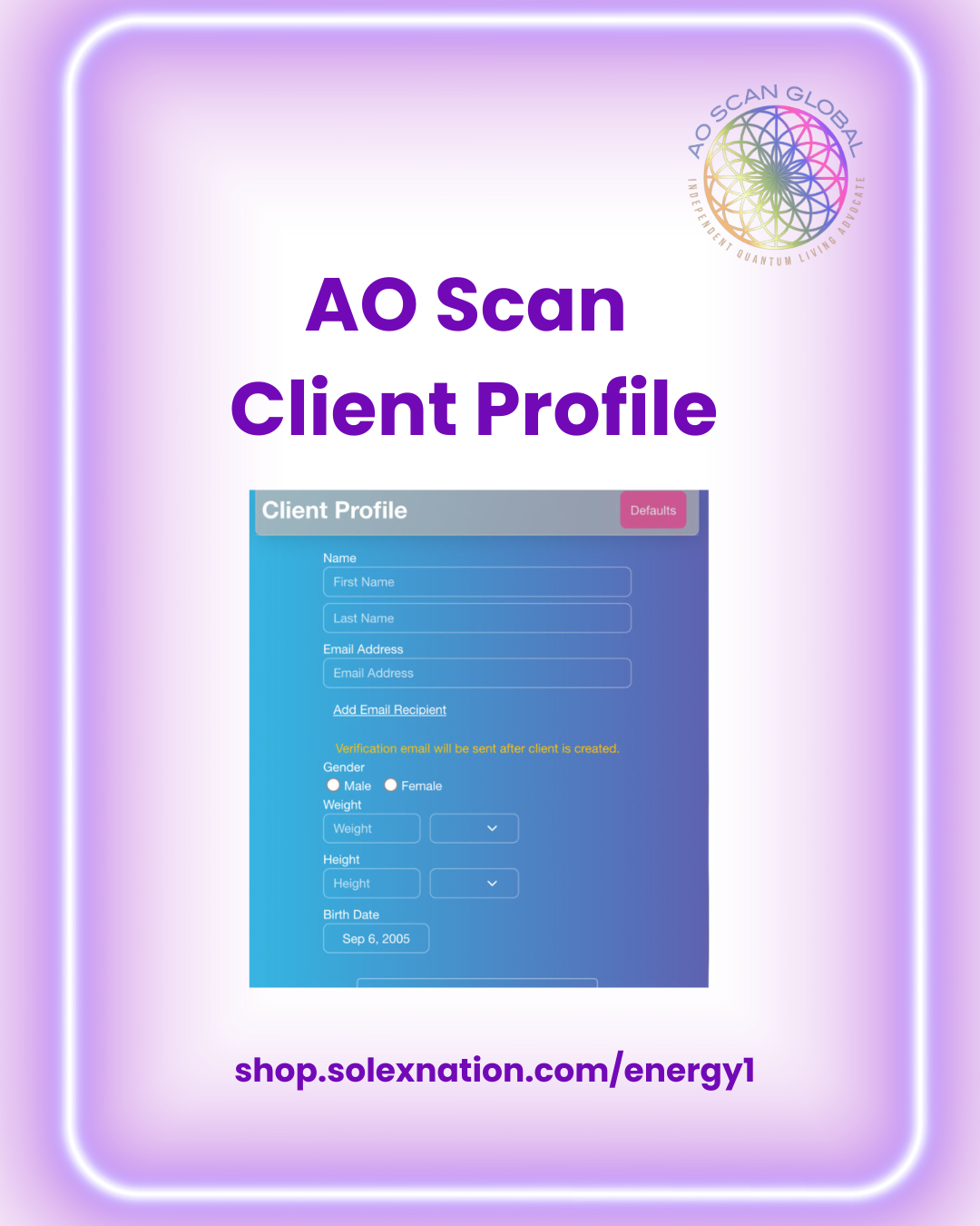 Creating an AO Scan Client Profile with a clear face photo and stable energetic signature, step-by-step setup profile: Set It Once, Use It Forever