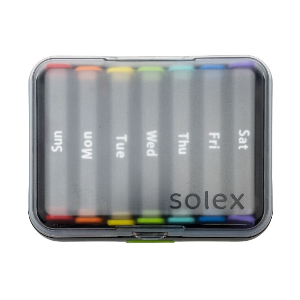 Solex weekly AM/PM pill organizer — 7 removable daily boxes.