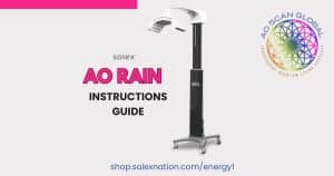 AO RAIN negative-ion generator on wheeled base with adjustable head positioned 4–6 inches above crown; grounding mat on a non-metal chair in a ventilated clinic — AO Scan Global.