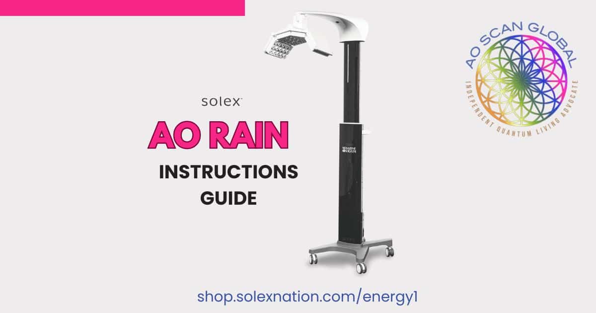 AO RAIN negative-ion generator on wheeled base with adjustable head positioned 4–6 inches above crown; grounding mat on a non-metal chair in a ventilated clinic — AO Scan Global.