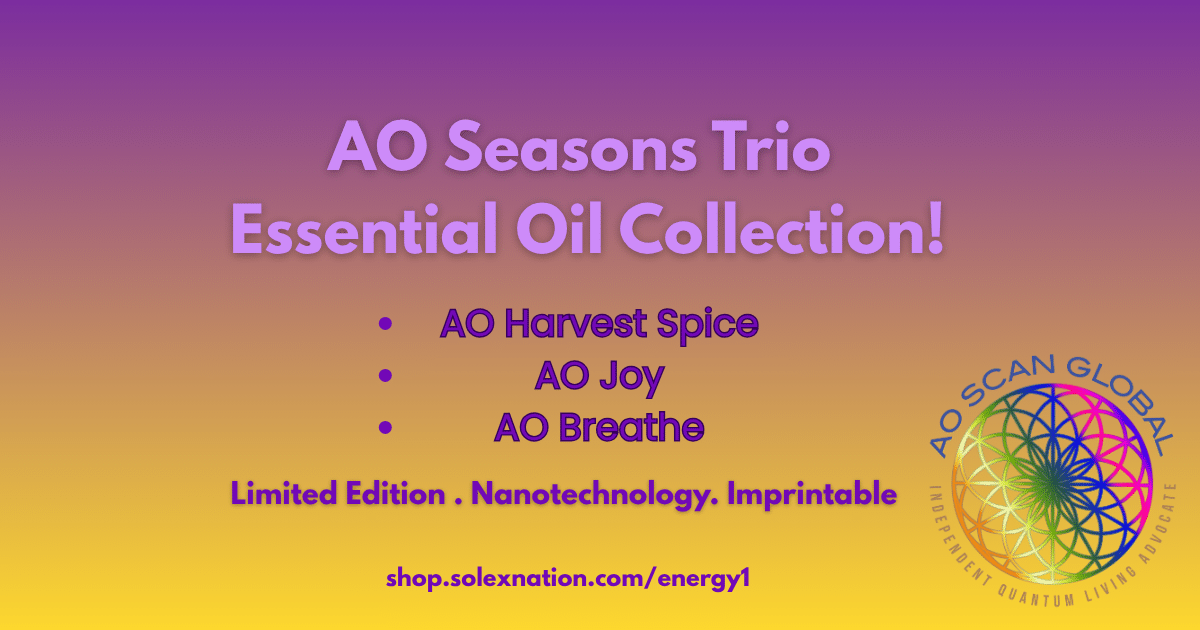 AO Seasons Trio essential oils set—Breathe, Harvest Spice, Joy—styled for holiday home decor