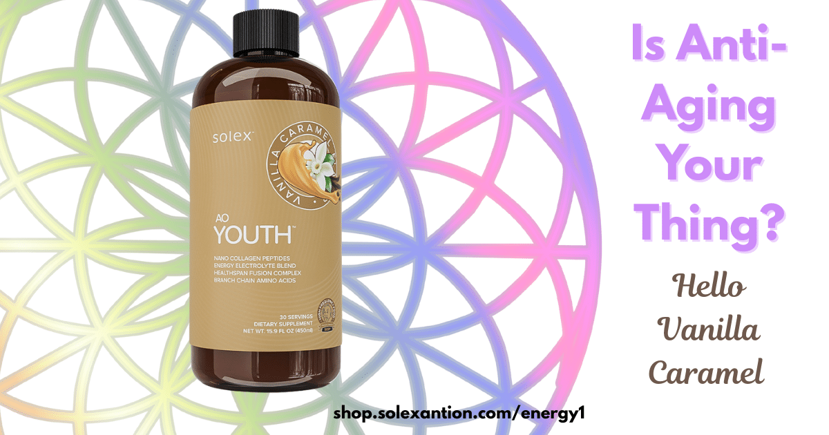 Bottle of AO Youth Vanilla Caramel beside a glass of creamy collagen drink, AO Scan running on a laptop, and a notebook labeled “Longevity Routine” on a bright kitchen counter.