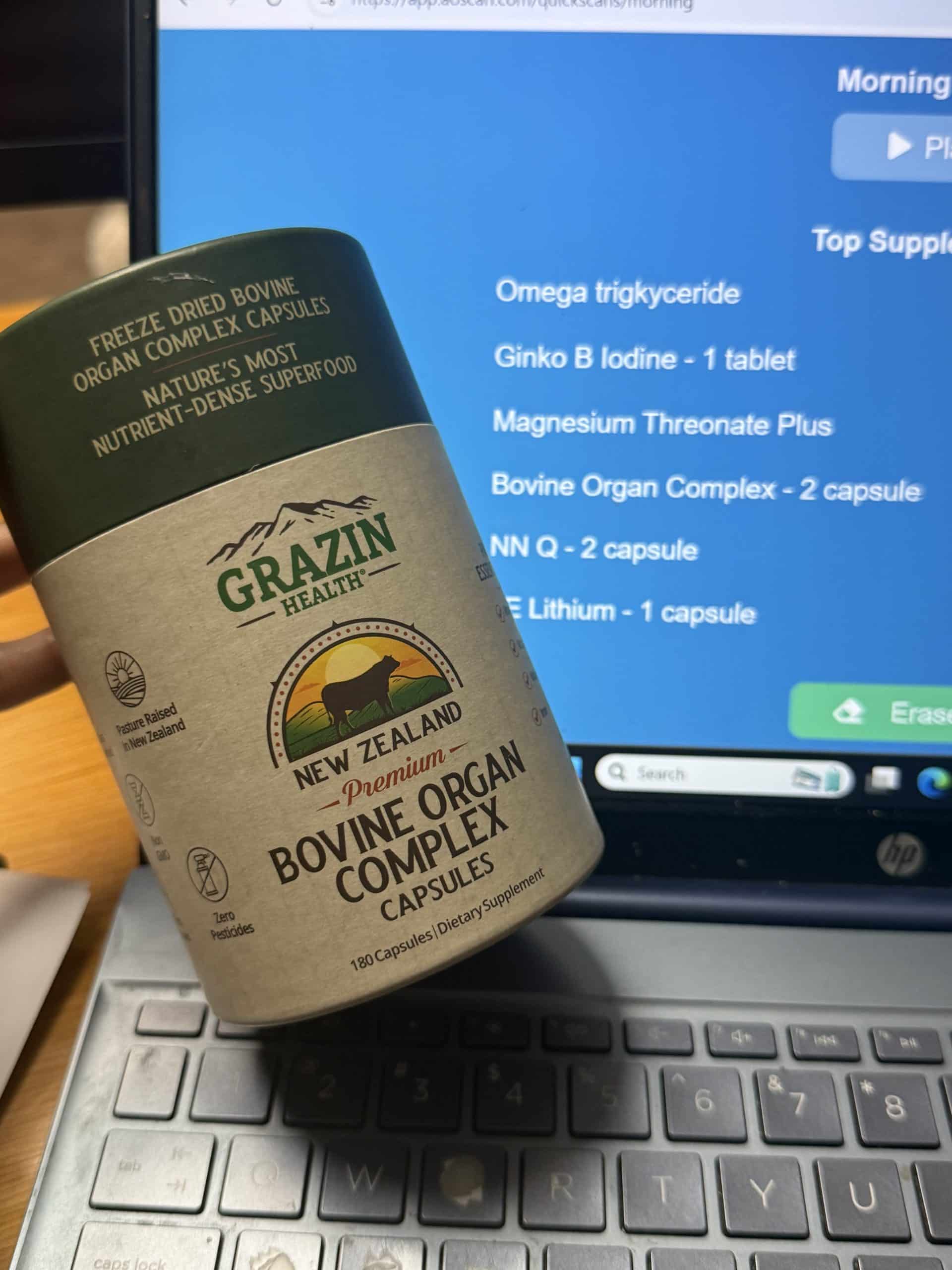 Grazin Health supplements lined up for AO Scan supplement database scanning
