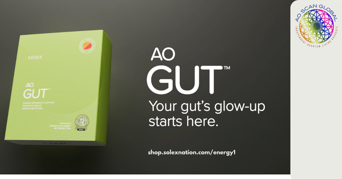 AO Gut Singles packet and a shaker bottle on a bright spring kitchen counter, ready to mix with cold water