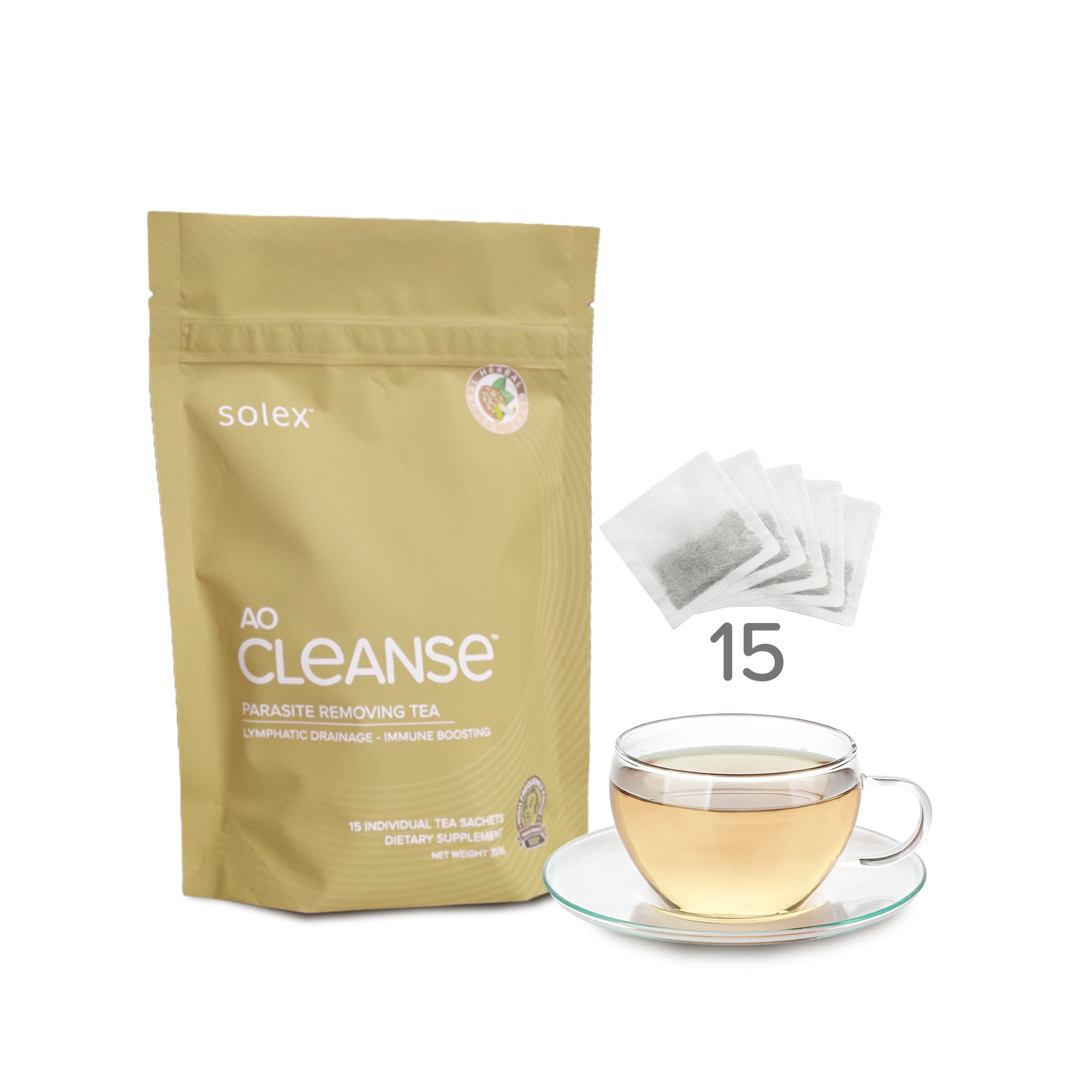 Cup of herbal tea beside AO Cleanse Tea sachets and gut wellness notes on a clean countertop
