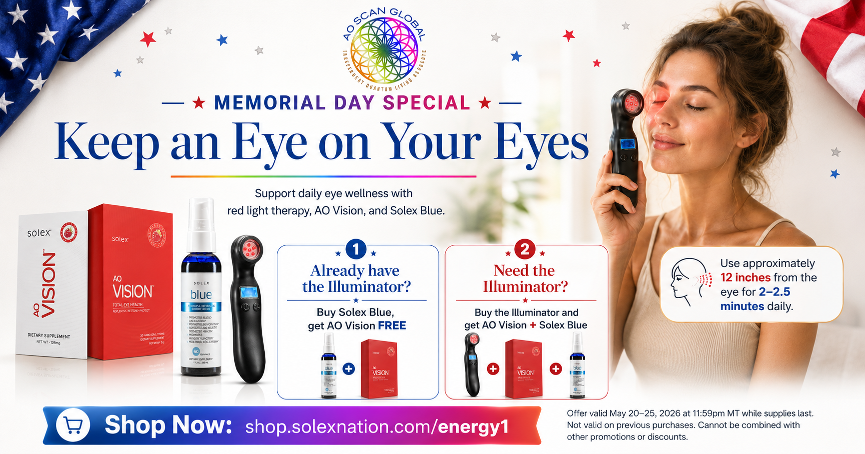 Memorial Day eye wellness special featuring the AO Scan Global logo, Illuminator red light device, AO Vision, Solex Blue, and a woman using red light therapy near her eye.