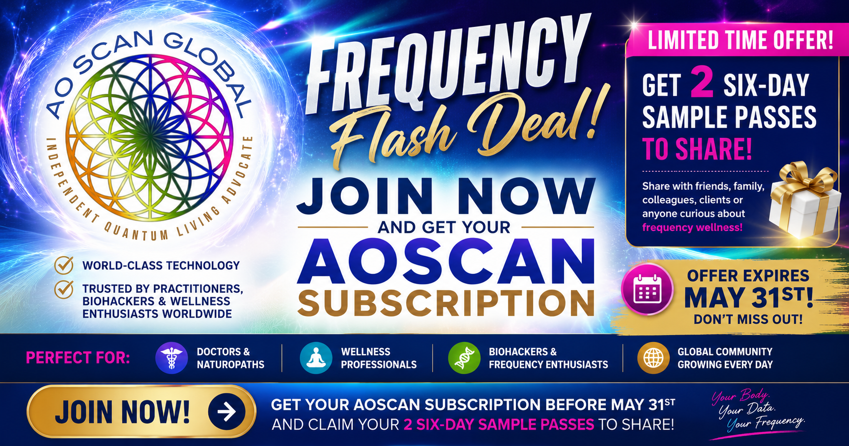 AO Scan Global Frequency Flash Deal graphic featuring global frequency wellness technology and energetic optimization