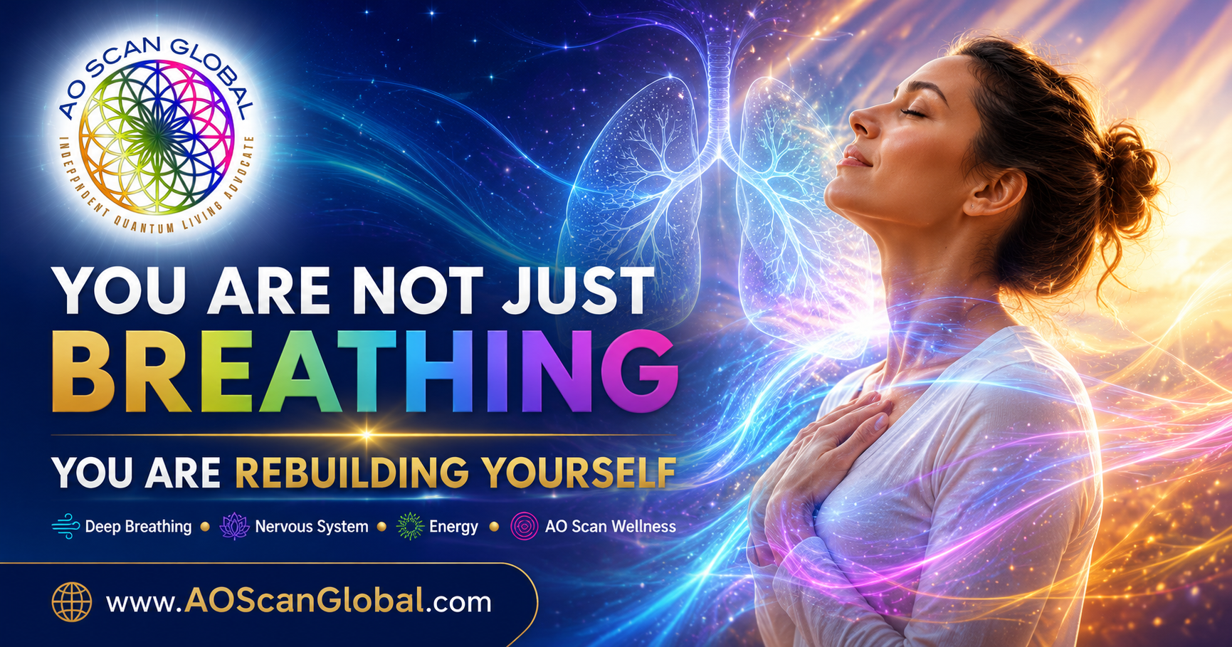Woman practicing deep breathing while exploring AO Scan frequency wellness and nervous system regulation.