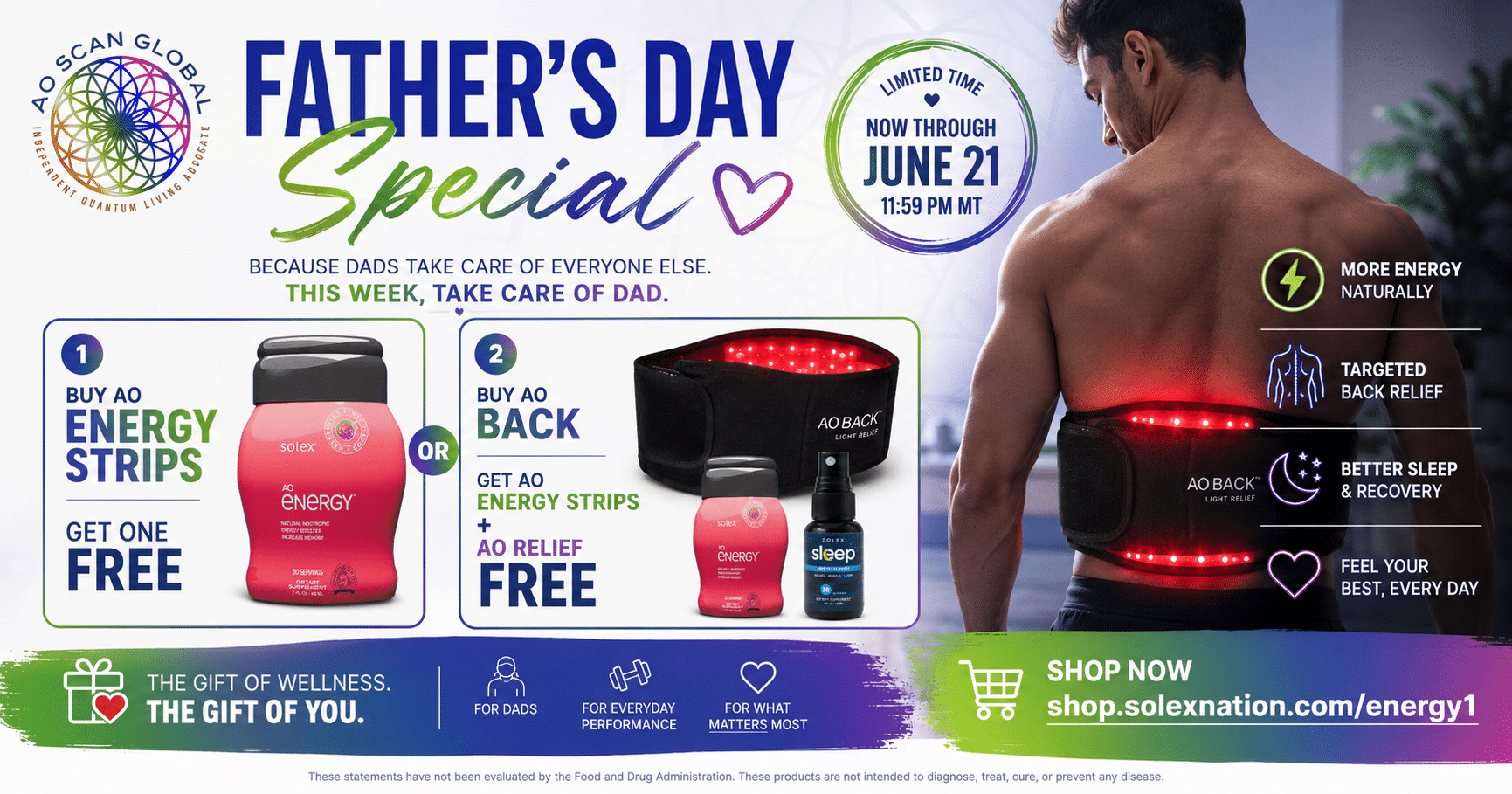 Father's Day wellness promotion featuring AO Energy Strips, AO Back, and AO Relief products with special Father's Day savings