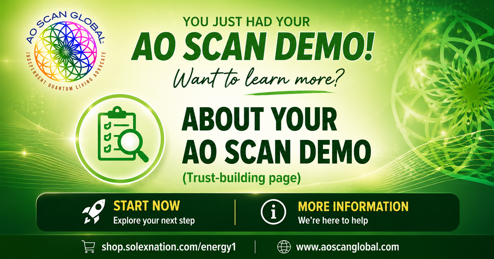 AO Scan demo report showing energetic wellness insights and educational frequency technology results