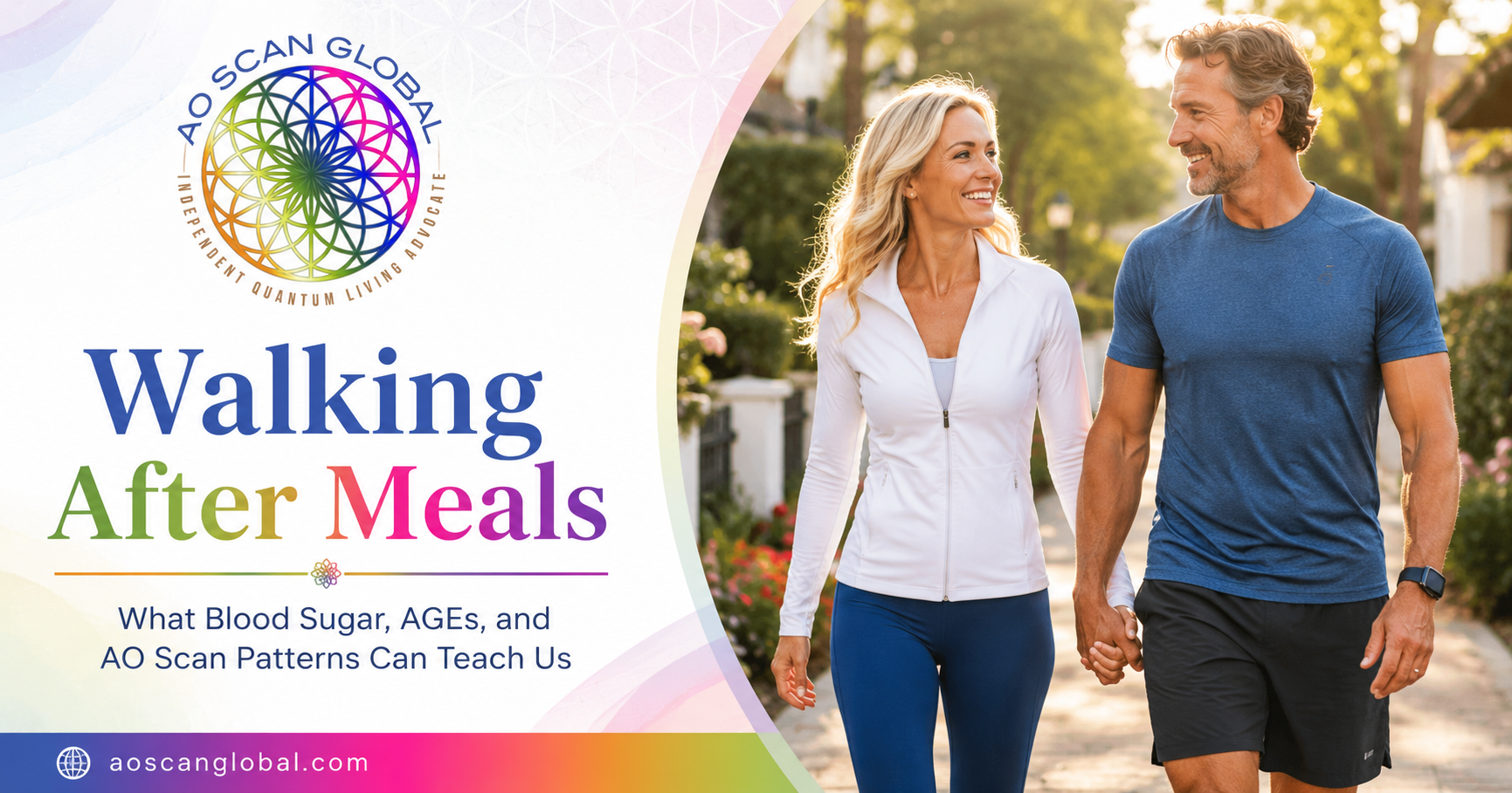 AO Scan Global - AO Scan Global - AO Scan Global Athletic couple walking after a meal to support blood sugar balance, metabolic wellness, and healthy aging with AO Scan Global