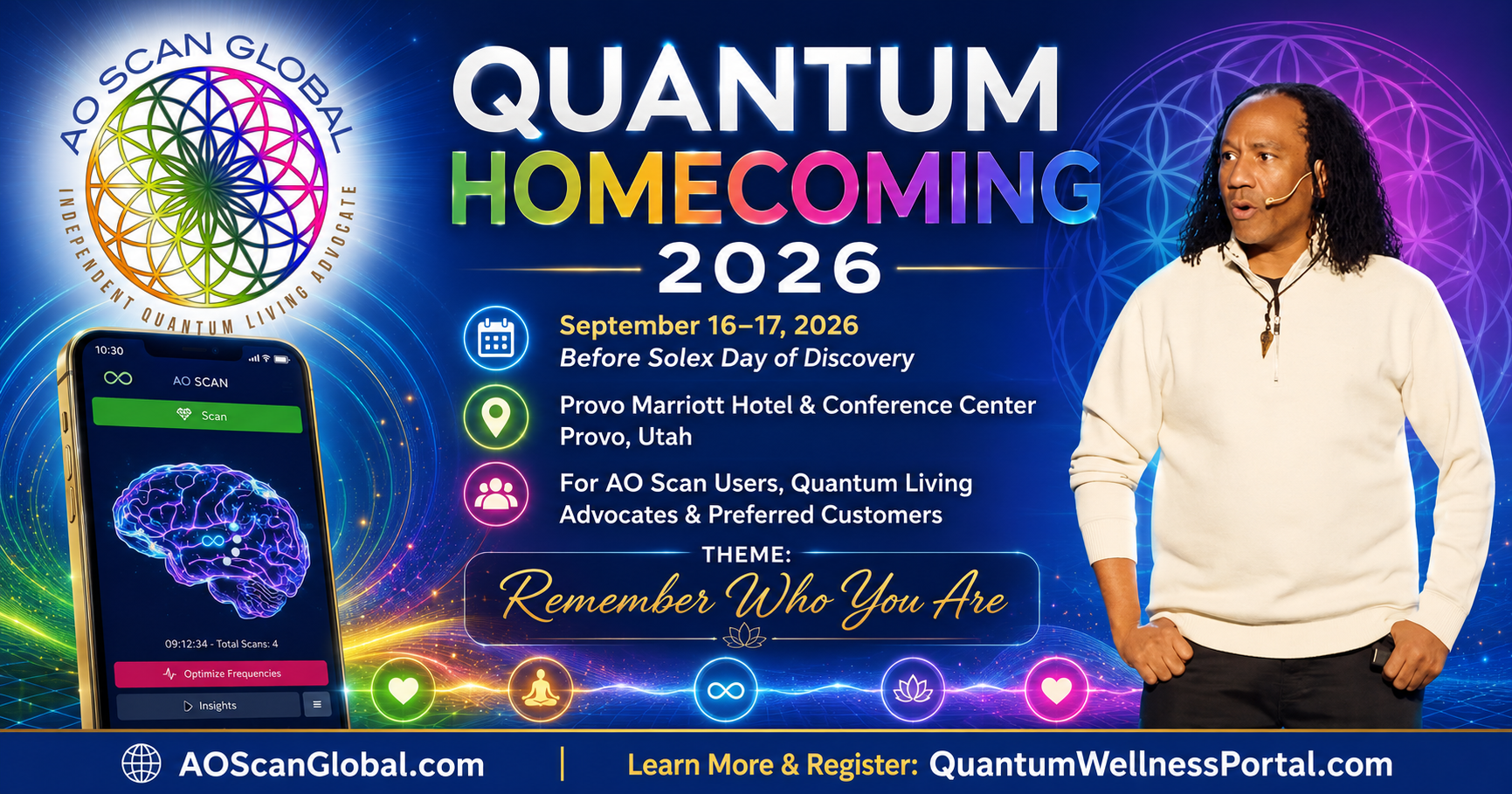 Solex AO Scan Day of Discovery - AO Scan Global - AO Scan Global Quantum Homecoming 2026 AO Scan training event with Dr. Darryl Roberts, September 16–17 in Provo, Utah, before Solex Day of Discovery