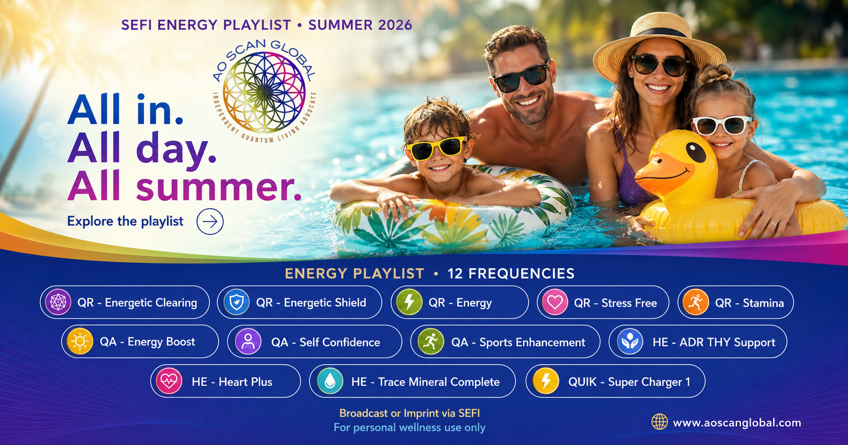 AO Scan SEFI Playlist - AO Scan Global - AO Scan Global Summer 2026 SEFI Energy Playlist graphic showing a family in a swimming pool with 12 AO Scan frequency selections for energy, stamina, stress support, confidence, and summer wellness.