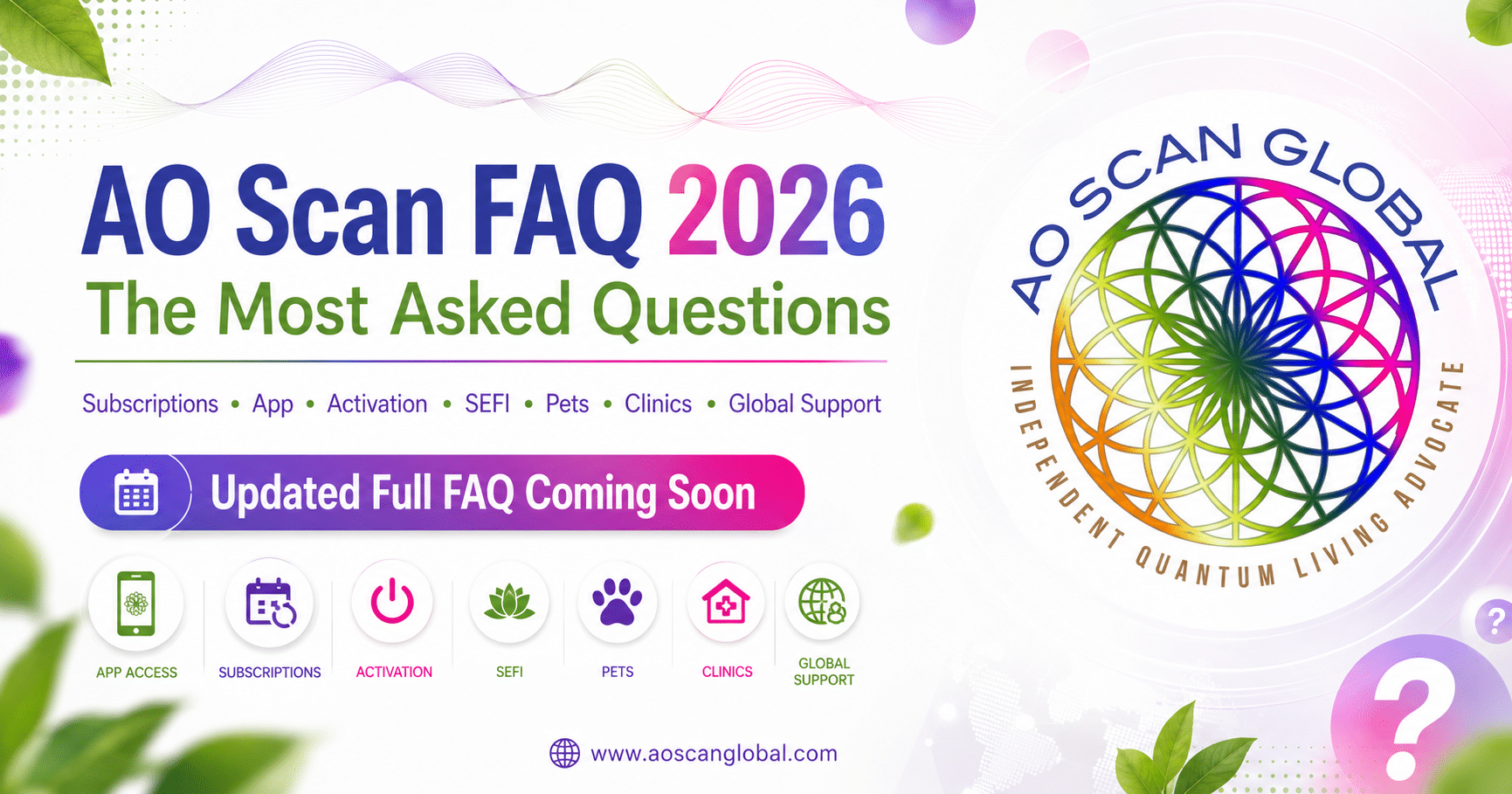 AO Scan FAQ 2026 graphic with AO Scan Global branding, frequency wellness technology, app access, subscription support, SEFI, Sample Passes, pets, clinics, and global training resources.