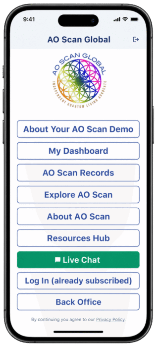 AO Scan Global mobilapp med en logotyp och en vertikal stapel med blå konturerade menyknappar: Demo, Min instrumentpanel, AO Scan-poster, Utforska AO Scan, Om AO Scan, Resursnav, Livechatt, Logga in och Backoffice.
