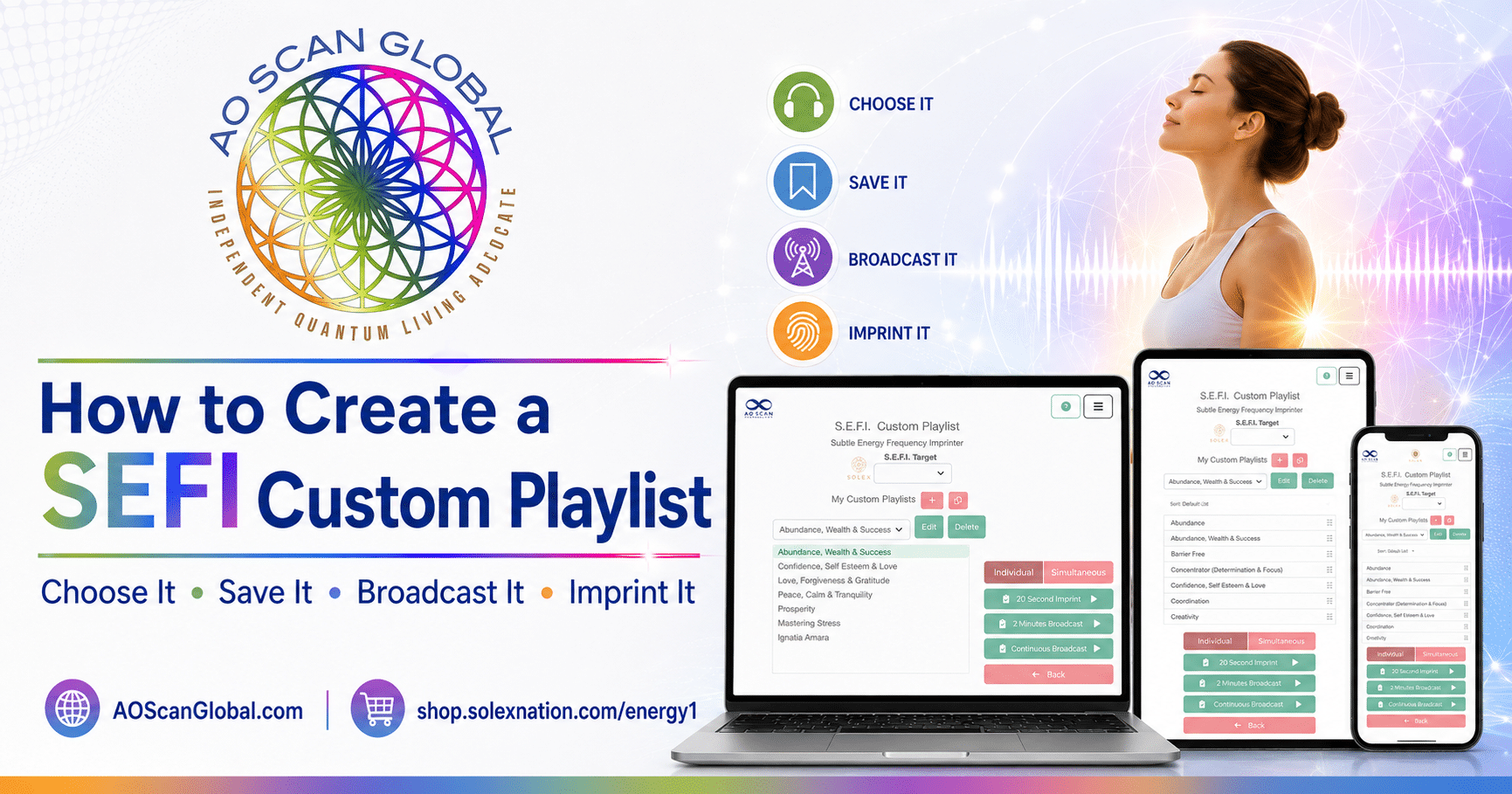 AO Scan SEFI Custom Playlist screen showing how users select frequency audios, save playlists and choose imprint or broadcast options.