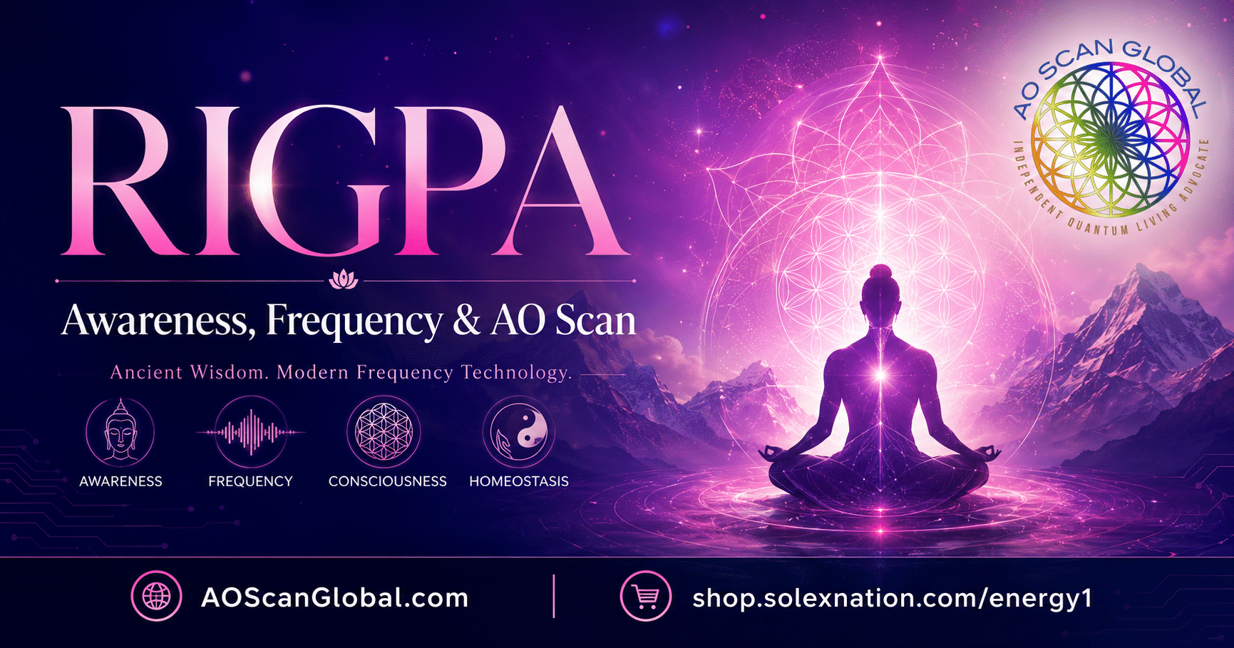 Tibetan-inspired meditation scene with a golden frequency waveform representing rigpa, pure awareness and AO Scan frequency technology.
