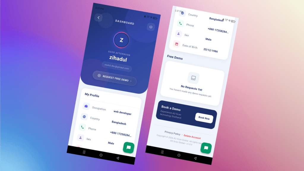 Två lutande smartphone-skärmar bredvid varandra som visar en mobilapp: den vänstra skärmen är en blå tonad instrumentpanel med en rund avatar 'Z', en hälsning och en knapp för 'Begär gratis demo'; den högra skärmen visar profilinformation (land, telefon, kön, födelsedatum), en panel för 'Inga förfrågningar ännu' och en mörk banner för 'Boka en demo' mot en mjuk tonad bakgrund.