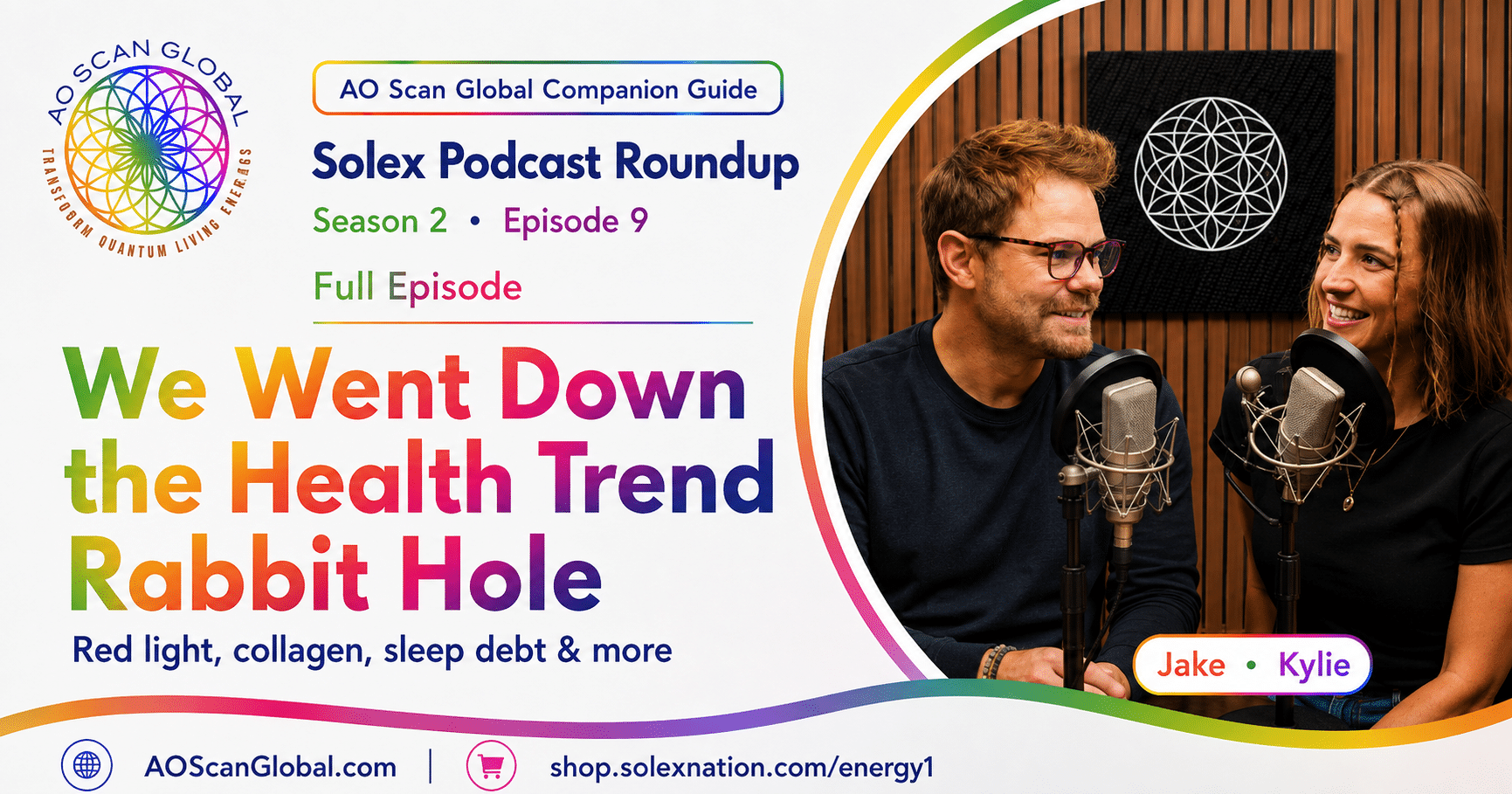 Colorful podcast banner for 'We Went Down the Health Trend Rabbit Hole' with hosts Jake and Kylie at microphones on the right and AO Scan Global branding on the left.