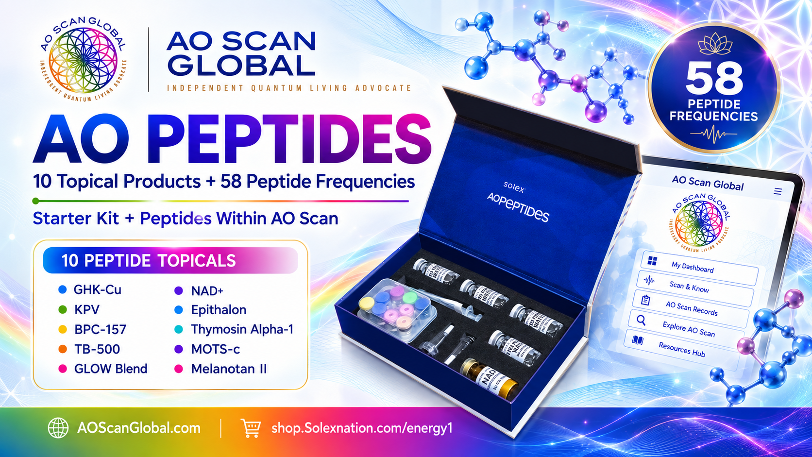 AO Peptides with AO Scan showing peptide frequency technology, topical peptides and the Dr. Darryl Roberts five-step framework