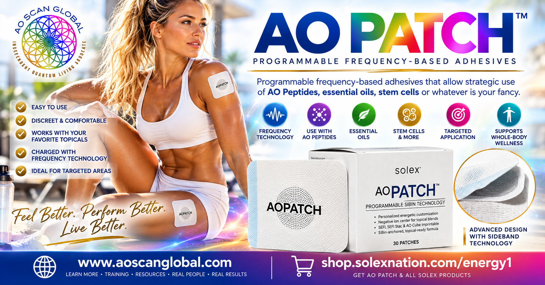 Solex AO Patch 30-count packaging and white wearable topical reservoir patch, featured in AO Scan Global's guide to AO Patch, SEFI imprinting and compatible skin-care products.