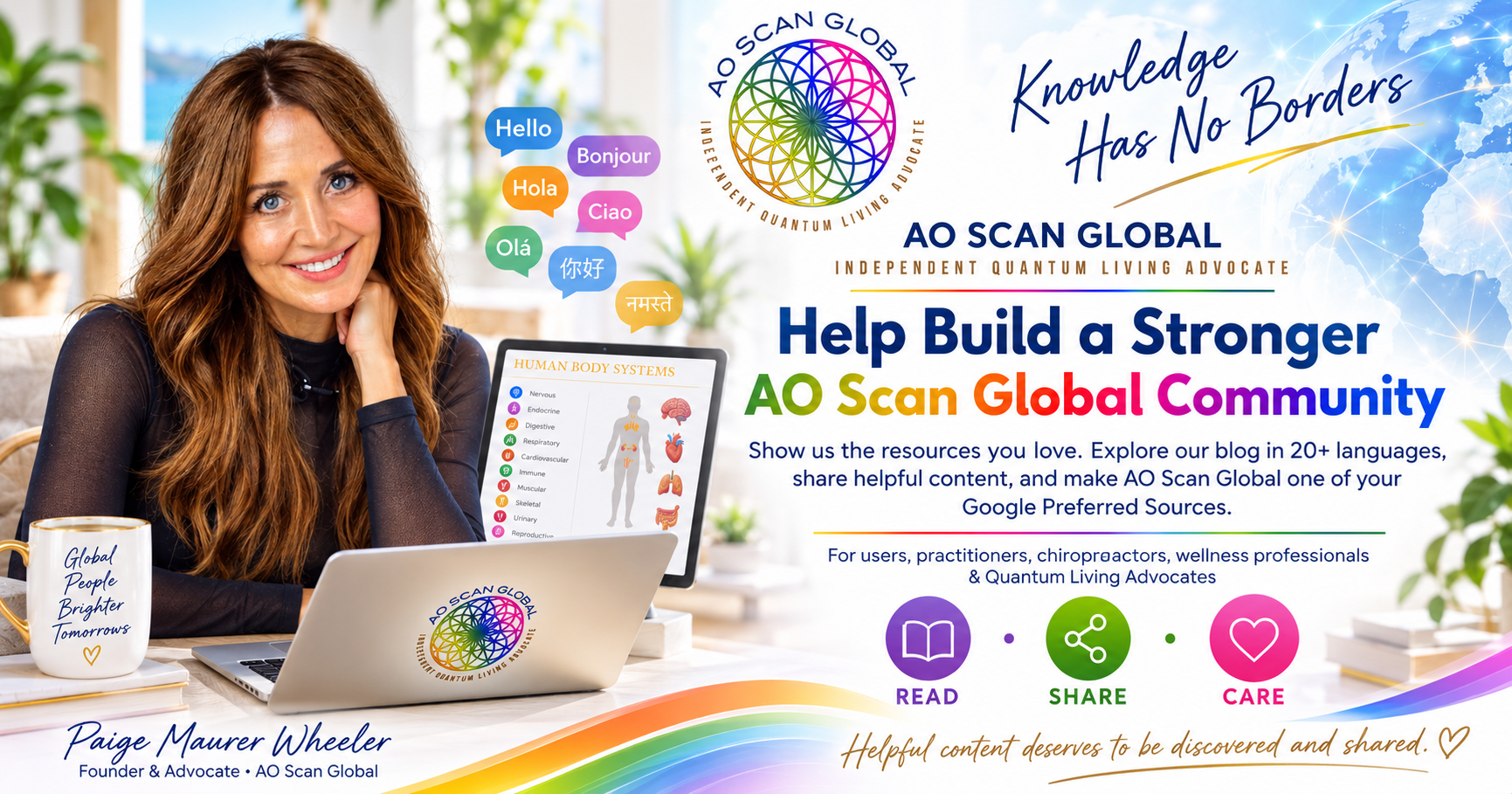 AO Scan Global Google Preferred Sources guide featuring Paige Maurer Wheeler, multilingual AO Scan education, community resources, and the Add to Preferred Sources button.