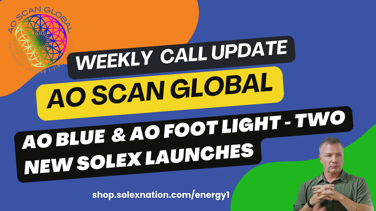 Promotional banner announcing AO Scan Global weekly call update and new Solex launches, with a man on the right against a blue and orange background and a circular logo on the left.
