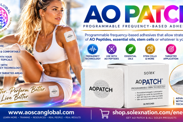 Solex AO Patch 30-count packaging and white wearable topical reservoir patch, featured in AO Scan Global's guide to AO Patch, SEFI imprinting and compatible skin-care products.