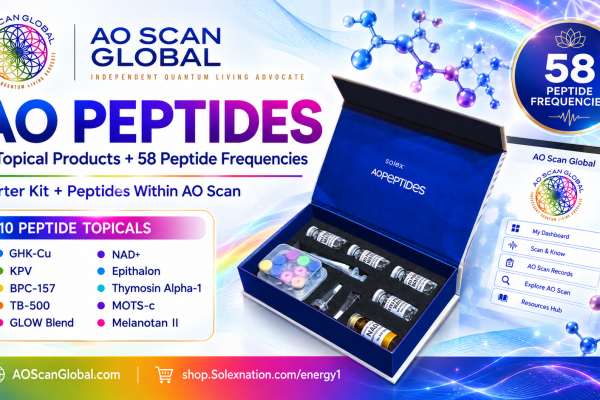 AO Peptides with AO Scan showing peptide frequency technology, topical peptides and the Dr. Darryl Roberts five-step framework