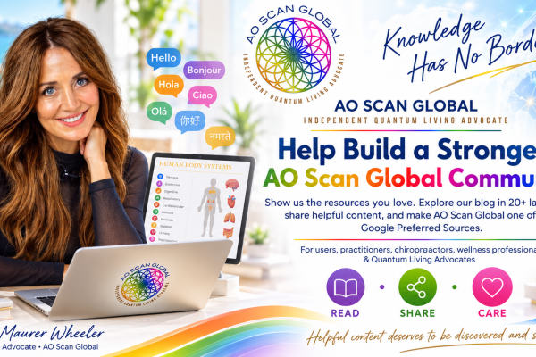 AO Scan GlobalのGoogle推奨情報源ガイドには、Paige Maurer Wheeler氏、多言語対応のAO Scan教育資料、コミュニティリソース、および「推奨情報源に追加」ボタンが掲載されています。