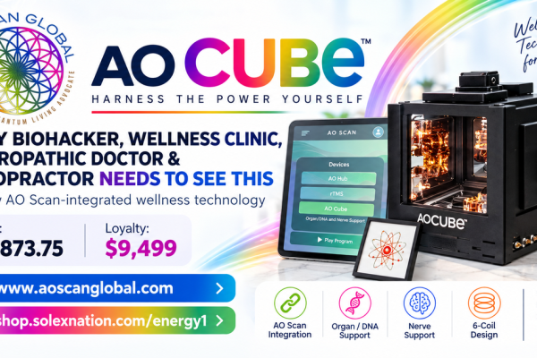 AO Cube by Solex Global photographed during its 2026 launch presentation, showing the new wellness technology designed to integrate directly with AO Scan.