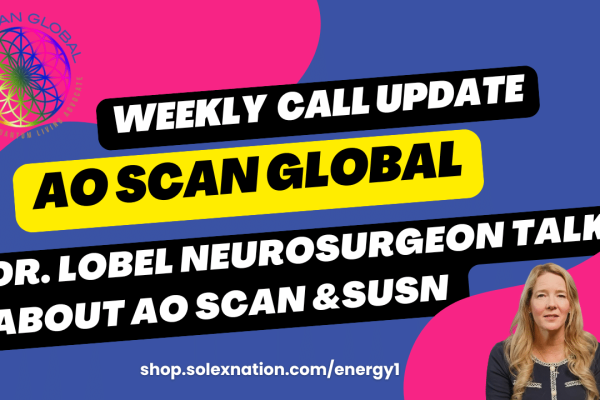 Promo banner for AO Scan Global weekly call update with bold black/yellow ribbons and a presenter photo on a pink and blue background, logo in corner.