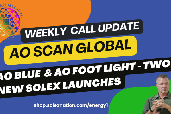 Promotional banner announcing AO Scan Global weekly call update and new Solex launches, with a man on the right against a blue and orange background and a circular logo on the left.