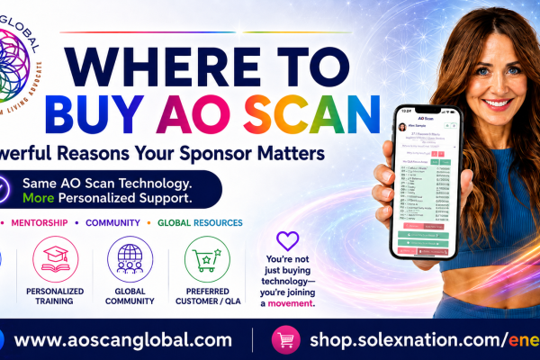 Promotional banner for AO Scan with a colorful 'Where to Buy AO Scan' title, logo on the left, and a smiling woman holding a phone displaying the app.