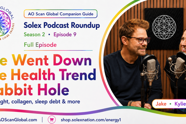 Colorful podcast banner for 'We Went Down the Health Trend Rabbit Hole' with hosts Jake and Kylie at microphones on the right and AO Scan Global branding on the left.