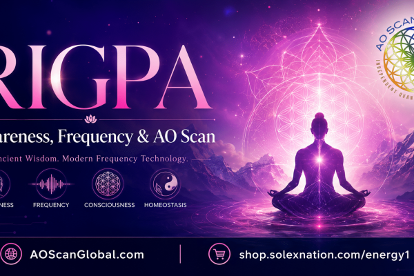 Cena de meditação inspirada no Tibete com uma forma de onda de frequência dourada representando rigpa, consciência pura e tecnologia de frequência AO Scan.