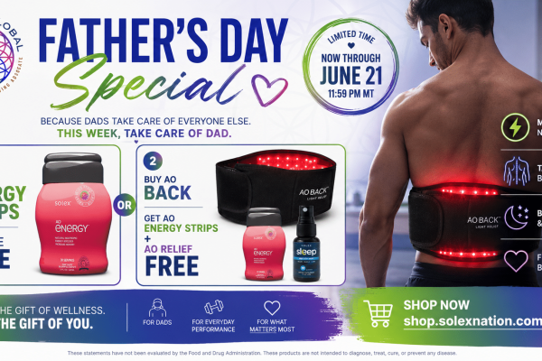 Father's Day wellness promotion featuring AO Energy Strips, AO Back, and AO Relief products with special Father's Day savings