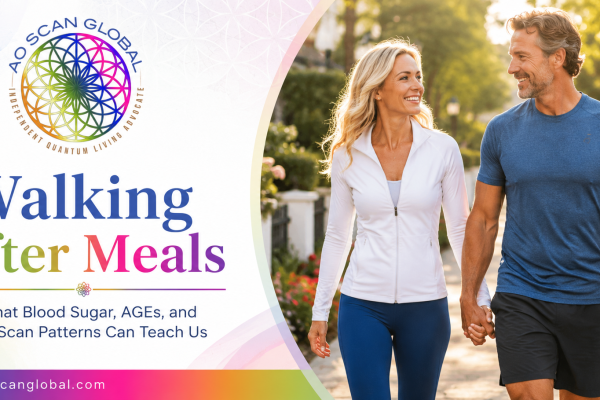 Athletic couple walking after a meal to support blood sugar balance, metabolic wellness, and healthy aging with AO Scan Global