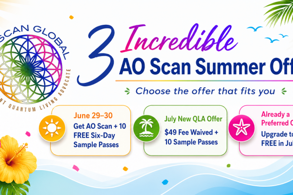 Three AO Scan Global summer offers featuring 10 free six-day Sample Passes, a waived Quantum Living Advocate fee and a complimentary Preferred Customer upgrade.