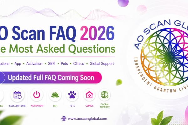 AO Scan FAQ 2026 graphic with AO Scan Global branding, frequency wellness technology, app access, subscription support, SEFI, Sample Passes, pets, clinics, and global training resources.