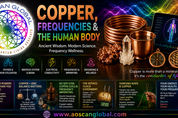 Copper mineral coils beside AO Scan frequency wellness technology representing conductivity, grounding, energy, and biohacking