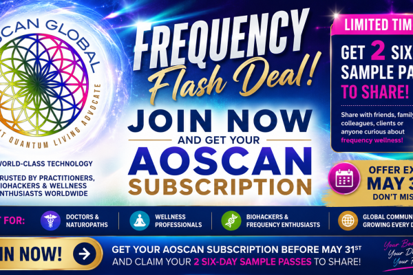 AO Scan Global Frequency Flash Deal graphic featuring global frequency wellness technology and energetic optimization