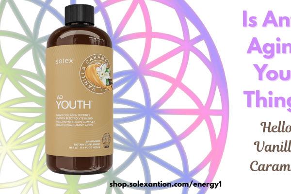 Bottle of AO Youth Vanilla Caramel beside a glass of creamy collagen drink, AO Scan running on a laptop, and a notebook labeled “Longevity Routine” on a bright kitchen counter.