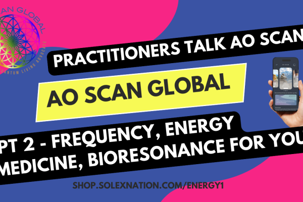AO Scan community update graphic showing August supplement offer, enrollment incentive, and frequency wellness highlights from Solex Weekly Call