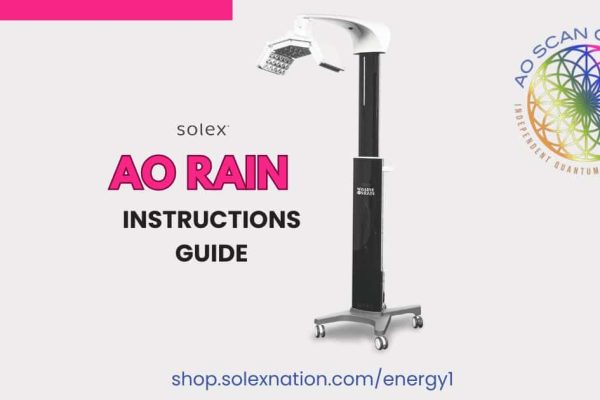 AO RAIN negative-ion generator on wheeled base with adjustable head positioned 4–6 inches above crown; grounding mat on a non-metal chair in a ventilated clinic — AO Scan Global.