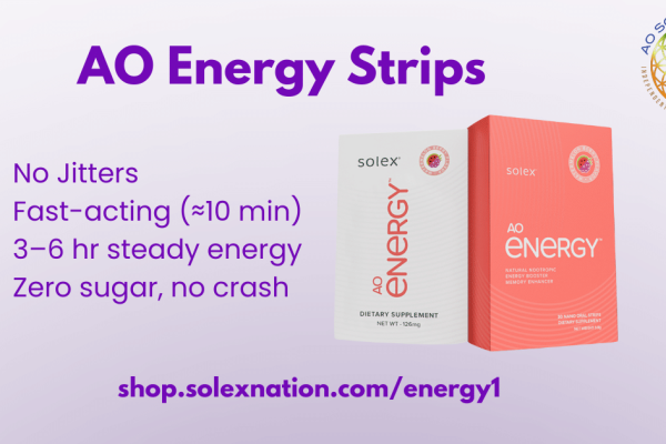 AO Energy Strips by Solex in Watermelon Berry flavor; nano paraxanthine sublingual strips for fast, steady energy