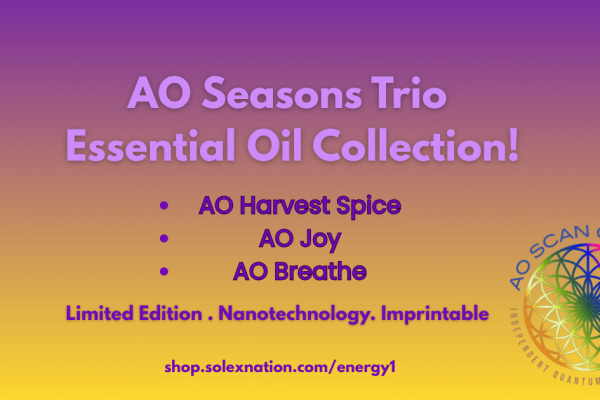 AO Seasons Trio essential oils set—Breathe, Harvest Spice, Joy—styled for holiday home decor